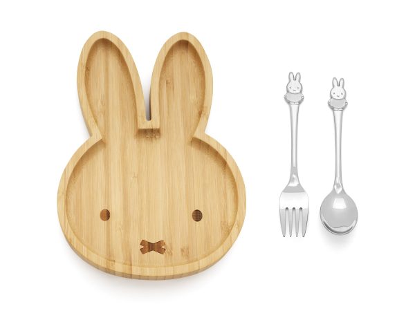 Bamboo miffy plate wood with cutlery