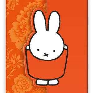 Close-up illustration of Miffy wearing an orange outfit against an orange patterned background.