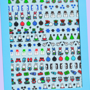 Sticker sheet with many small blue, green, and multicolored Miffy-themed illustrations arranged in a grid pattern on a light blue background.