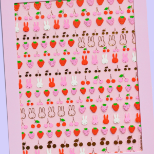Sticker sheet with many small, neatly arranged Miffy-themed illustrations in pink and red tones on a light pink background.