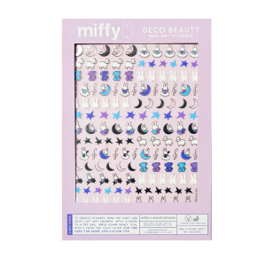 Miffy nail stickers on a purple sheet with multiple colors.