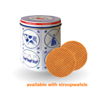 White ceramic jar with blue decorative patterns shown next to two round brown waffle cookies on a light background.