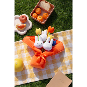 Two Miffy figurines displayed with flowers on an orange cloth and sunlight and picknick in the background.