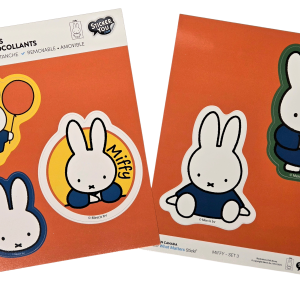 Two orange cards with bold Miffy illustrations in white and dark blue, shown side by side.