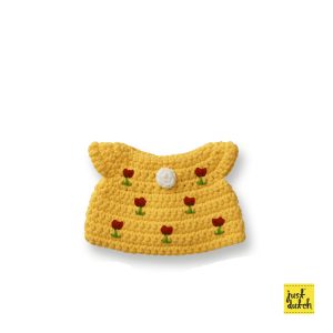 Knitted yellow handmade tulip-patterned dress with short sleeves.