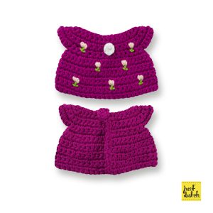 Knitted cerise tulip dress with short sleeves and a tulip-pattern front and back view.