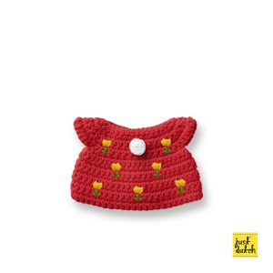 Knitted red dress with tulip print.
