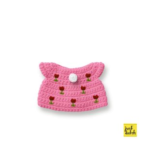 Knitted pink dress with tulip print and short sleeves.
