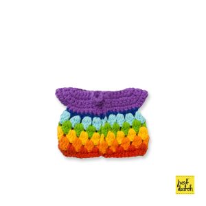 Knitted bright rainbow-colored dress with multicolored stripes in red, orange, yellow, green, blue, and purple.