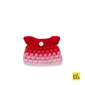 Knitted red dress with a rainbow like print on the front.