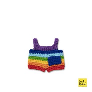 Knitted bright rainbow-colored overall with short sleeves, featuring vertical stripes in red, orange, yellow, green, blue, and purple.