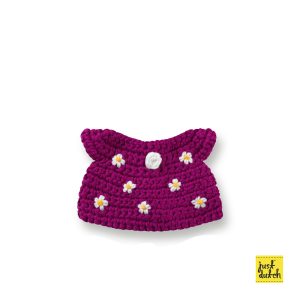 Knitted cerise dress with flower print.