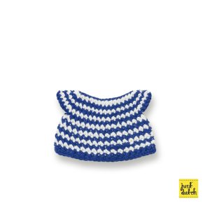 Knitted small dress with blue and white stripes.