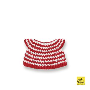 Knitted small dress with red and white stripes.