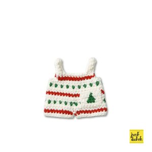 White knitted Christmas overall with green and red pattern.