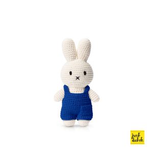 Knitted white Miffy rabbit in a blue overall.