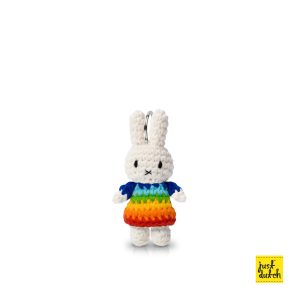 Knitted white Miffy rabbit keyhanger in a rainbow colored dress.