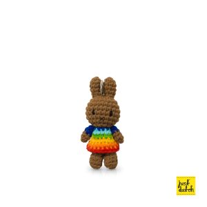 Knitted brown Melanie rabbit keyhanger in a rainbow colored dress.