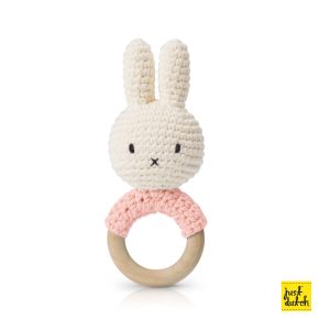 Pink teether with a knitted white Miffy rabbit head, soft fabric body, and a round teething ring at the bottom.