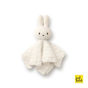 White wipe with a knitted white Miffy rabbit face embroidered.