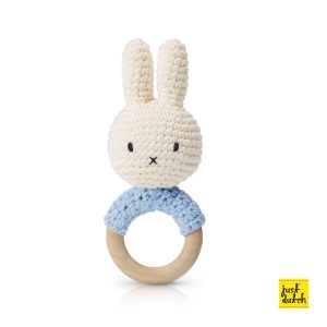 Pastel blue teether with a knitted white Miffy rabbit head, soft fabric body, and a round teething ring at the bottom.
