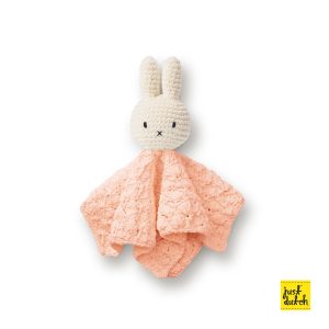 Pastel pink wipe with a knitted white Miffy rabbit face embroidered.