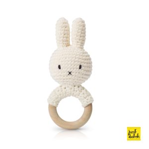 White teether with a knitted white Miffy rabbit head, soft fabric body, and a round teething ring at the bottom.