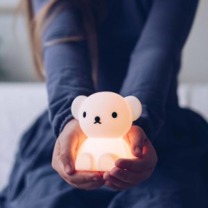 Bear shaped lamp that with the light on while in a person's hands.
