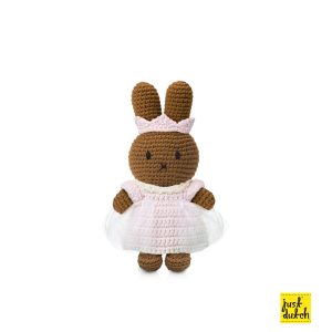 Knitted brown Melanie rabbit in a white and light pink princess-style dress and a pink crown.