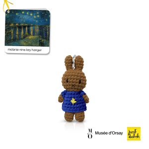 Knitted brown Melanie rabbit keychain in a blue jacket-style outfit with a yellow star.