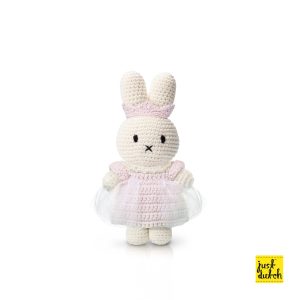 Knitted white Miffy rabbit in a pastel lilac princess outfit, including a dress and crown.