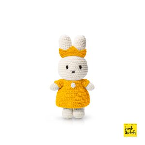 Knitted white Miffy rabbit in a mustard yellow knitted dress with matching crown.
