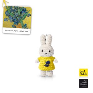 Knitted white Miffy rabbit in a bright yellow knitted dress with small front blue detail.