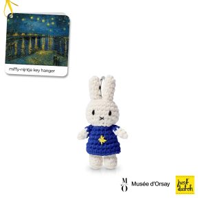 Knitted white Miffy rabbit in a deep blue knitted dress with yellow detail.