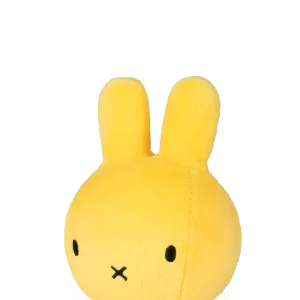 Yellow plush Miffy rabbit head facing forward on white background.