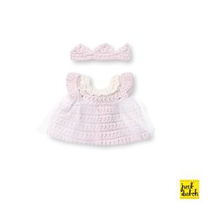Knitted two-piece pastel lilac bunny outfit with a sleeveless dress and matching crown.