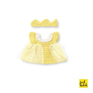 Knitted two-piece yellow bunny outfit with sleeveless dress and matching head crown.