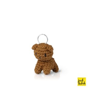 Small knitted brown dog keychain with metal ring.