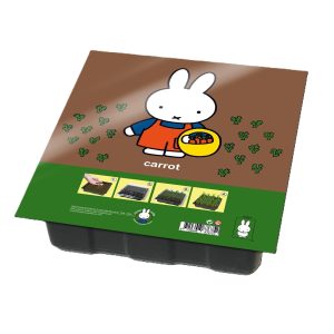 Miffy cultivating kit packaing with carrot seeds and soil, featuring a white Miffy rabbit with a basket and growing carrots in the ground.