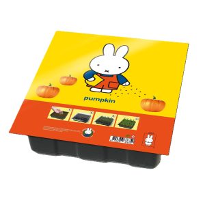 Miffy cultivating kit packaing with pumpkin seeds and soil, featuring a white Miffy rabbit with pumpkins.