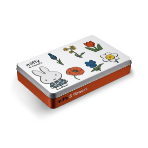 Rectangular tin with a floral pattern featuring Miffy illustrations.