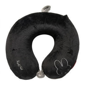 Soft black U-shaped travel neck pillow featuring the face of a white Miffy rabbit and a snap button closure