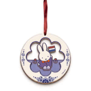 Blue wooden ornament souvenir with a white Miffy rabbit and a Dutch flag.