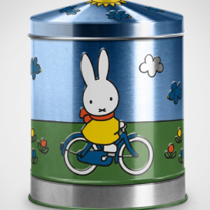 Pastel-colored musical carousel with a white Miffy Rabbit riding a bycicle.