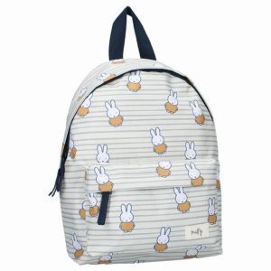 Grey striped backpack with white Miffy rabbit figures all over the front, backpack slightly turned.