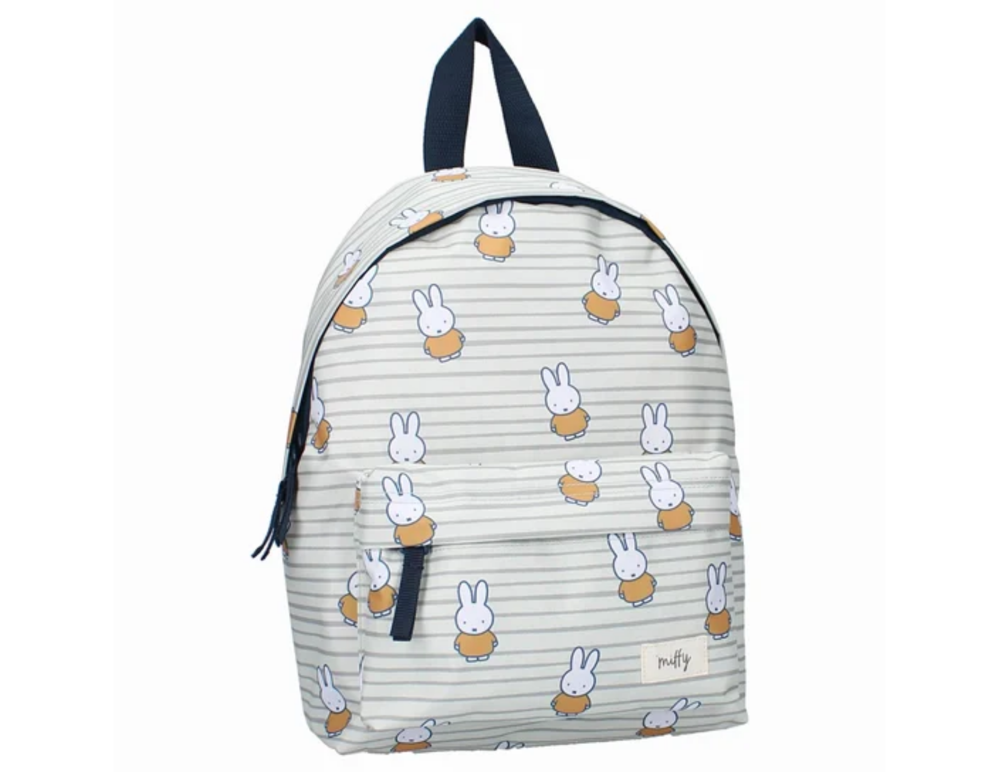 Grey striped backpack with white Miffy rabbit figures all over the front, backpack slightly turned.