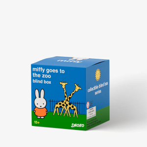Blue product box with white Miffy rabbit illustration and giraffe graphic on a solid background